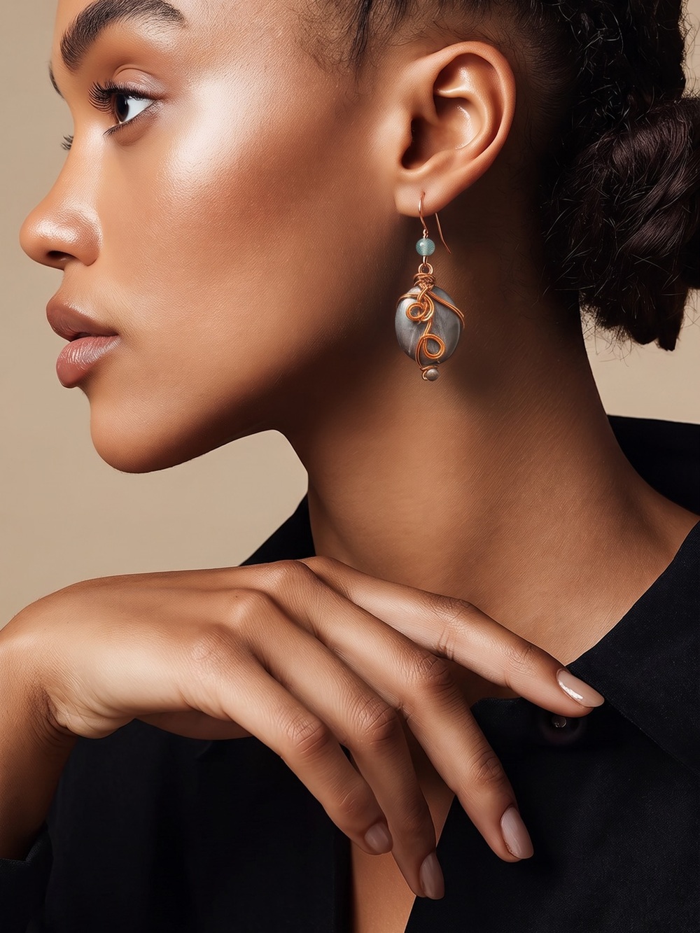 Hand Crafted Copper Wire-Wrapped Gray Agate Earring with Blue Accent☑️